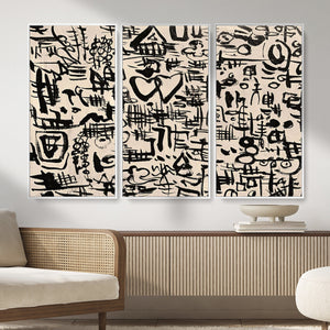 Abstract Love and Chaos Canvas Print, Black Symbols on Beige