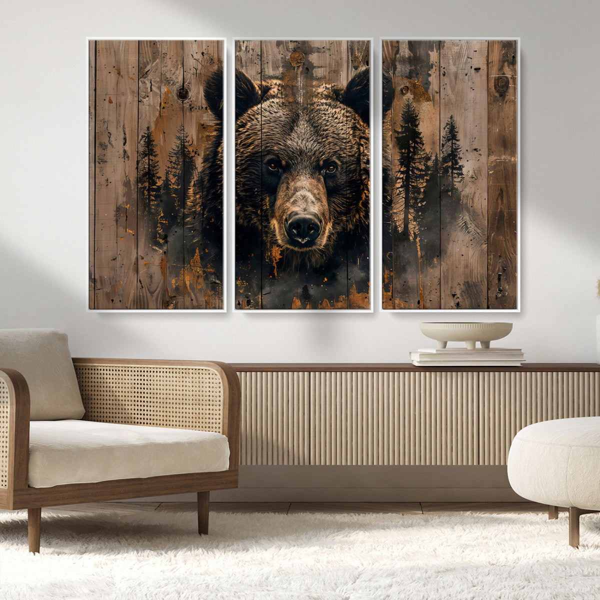 Rustic Grizzly 399 Wall Art | Triptych Canvas Print | Rustic
