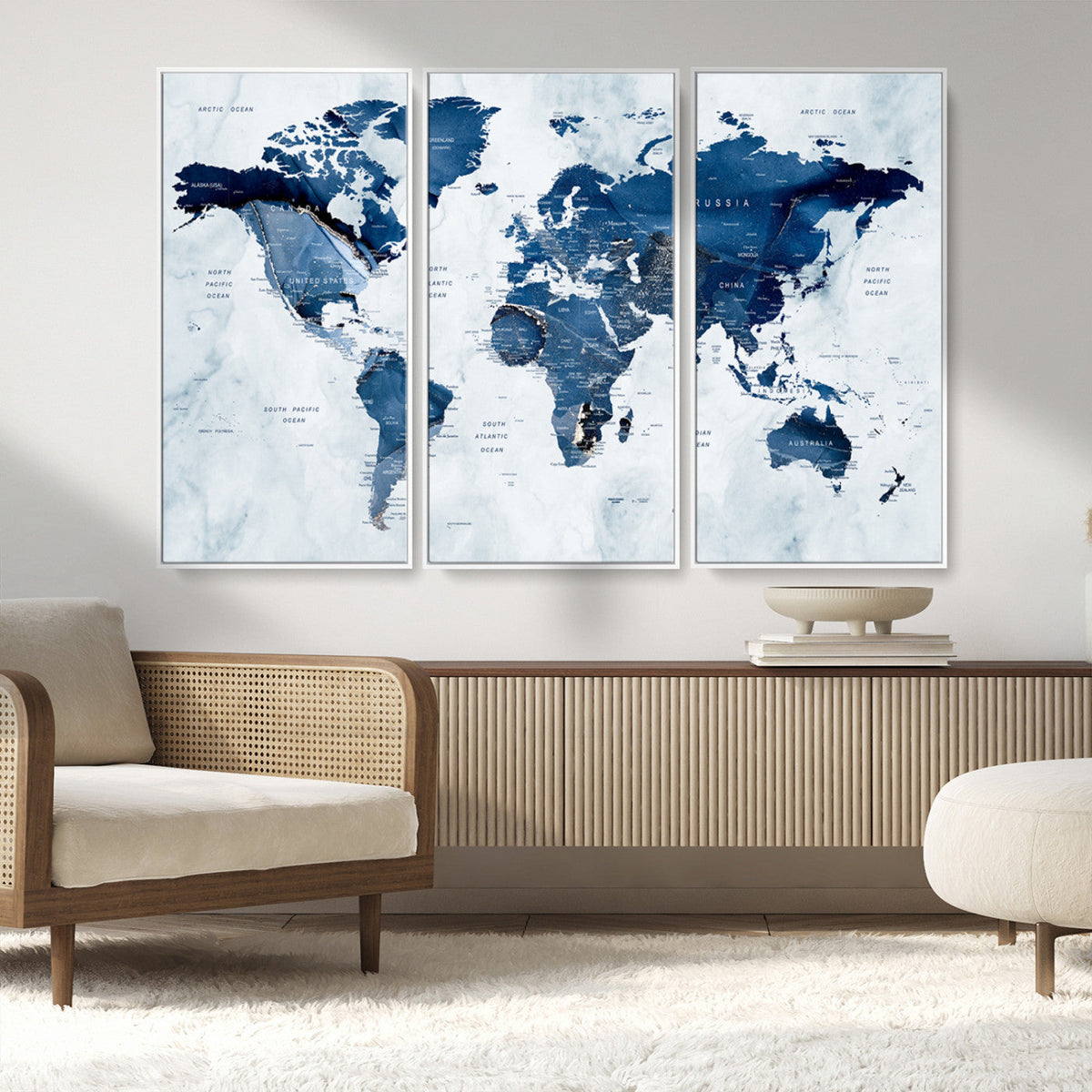 Modern Blue World Map Canvas Print – Framed Wall Art,