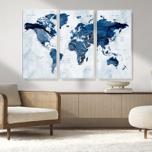 Modern Blue World Map Canvas Print – Framed Wall Art,