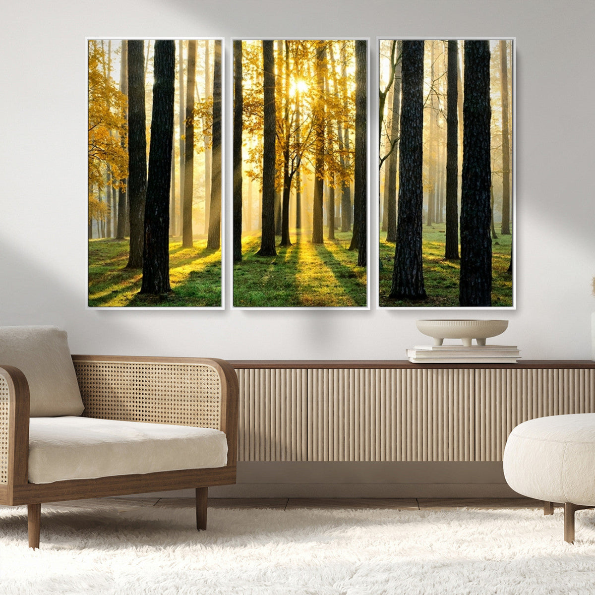 Sunlit Forest Wall Art Canvas Print – Large Framed Woodland