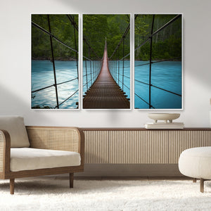 Suspension Bridge Over River Canvas Art | 3-Panel Nature