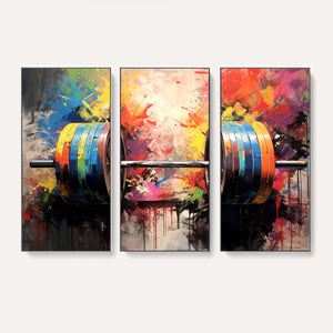 Weightlifting Barbell Art Triptych, Bold Abstract Fitness