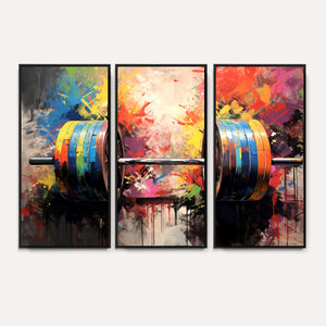 Weightlifting Barbell Art Triptych, Bold Abstract Fitness
