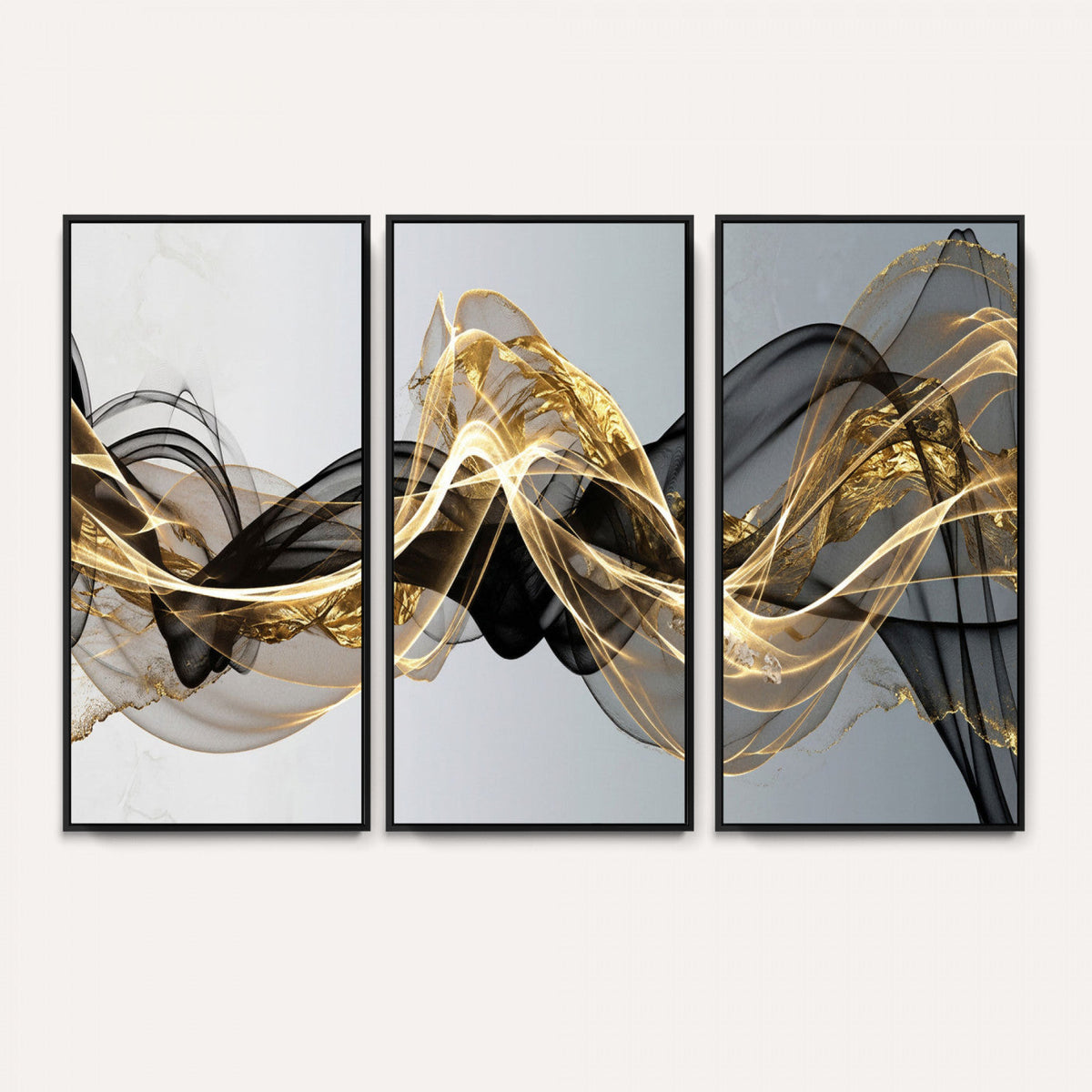 Black and Gold Abstract Wall Art, Modern Wave Canvas Print, Elegant Flowing Smoke Art, Luxury Living Room Decor