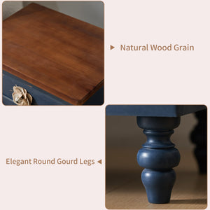 Rustic Dark Blue 3-Drawer Wooden Cabinet with Aged Finish & Floral Handles