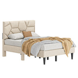 Beige Linen Full Bed Frame – Sturdy Platform Bed with Under-Bed Storage