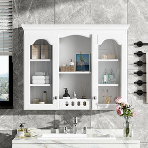 Wall-Mounted Medicine Cabinet with 2 Glass Doors and Adjustable Shelves - White
