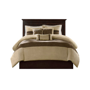 7 PC Pieced Faux Suede Comforter Set Natural Queen