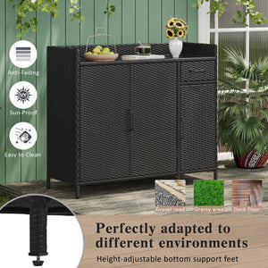 K&K 47.5"W Wicker Outdoor Storage Cabinet with Tempered Glass Desktop