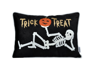 Embroidered Velvet Halloween Skeleton Lumbar Pillow with Skeleton Design - Black