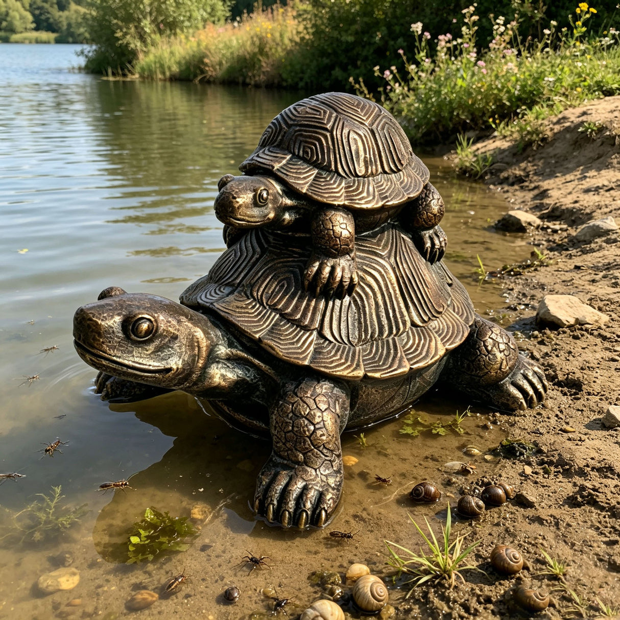 19'' Vintage Bronze Stacked Turtle Statue