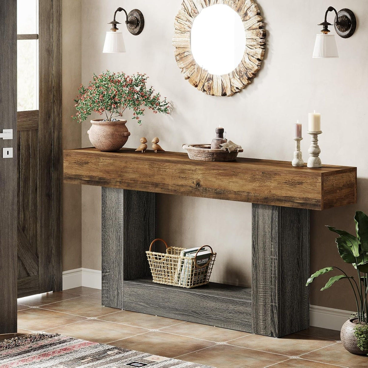 Console Table With 2 Tier Storage, U Shaped Base