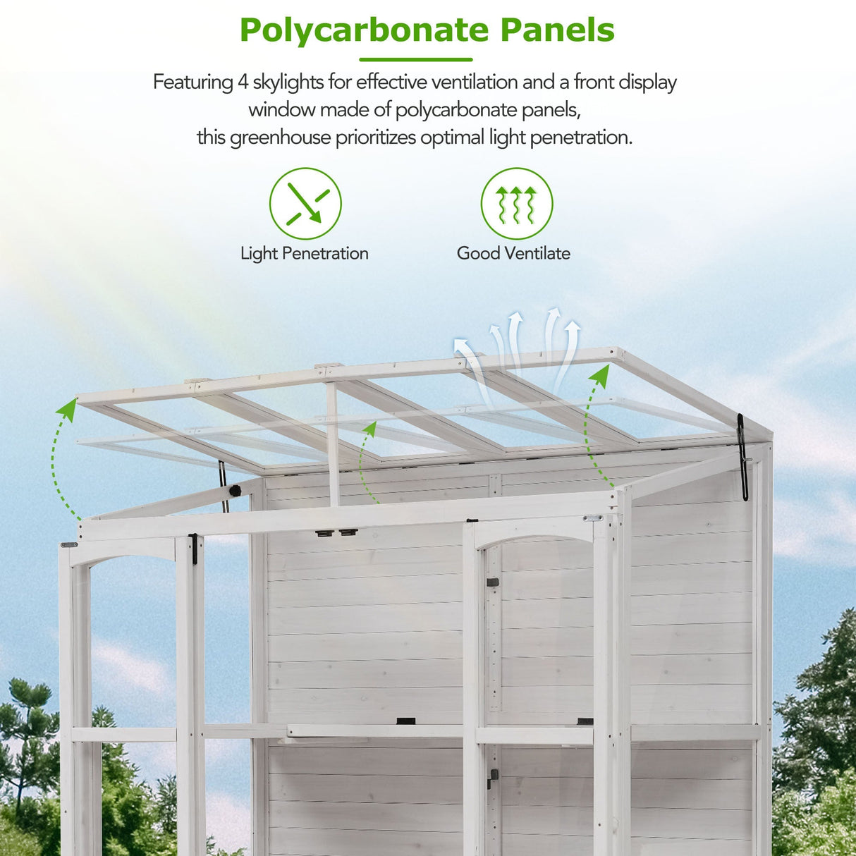 TOPMAX 78-inch Wooden Walk-in Greenhouse with 4 Skylights and Folding Shelves
