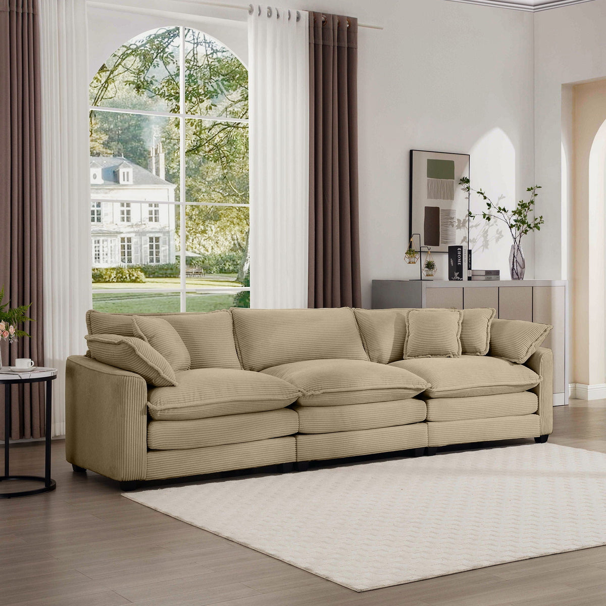 Mid-Century Modern 3 Seater Sectional Sofa with Arm and Throw Pillows - Fabric