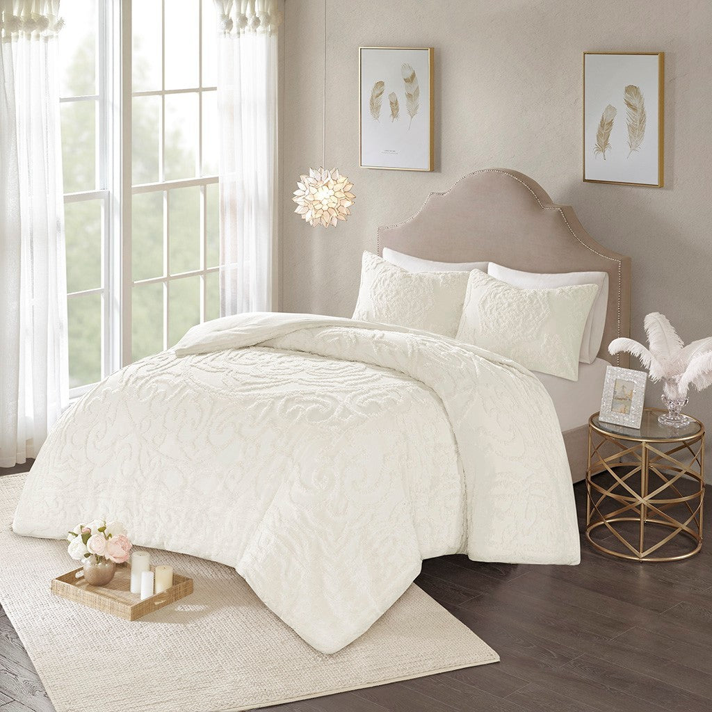 King/Cal King 3-Piece Tufted Cotton Chenille Medallion Duvet Cover Set