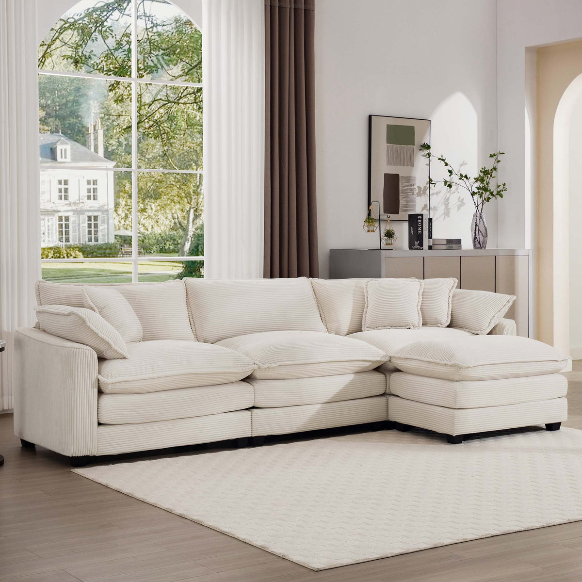 Modern Modular Cushion Sofa Set with Ottoman - Fabric, Multiple Colors