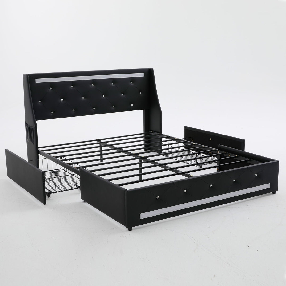 Wingback Upholstered Bed Frame With LED Lights, Charging Station