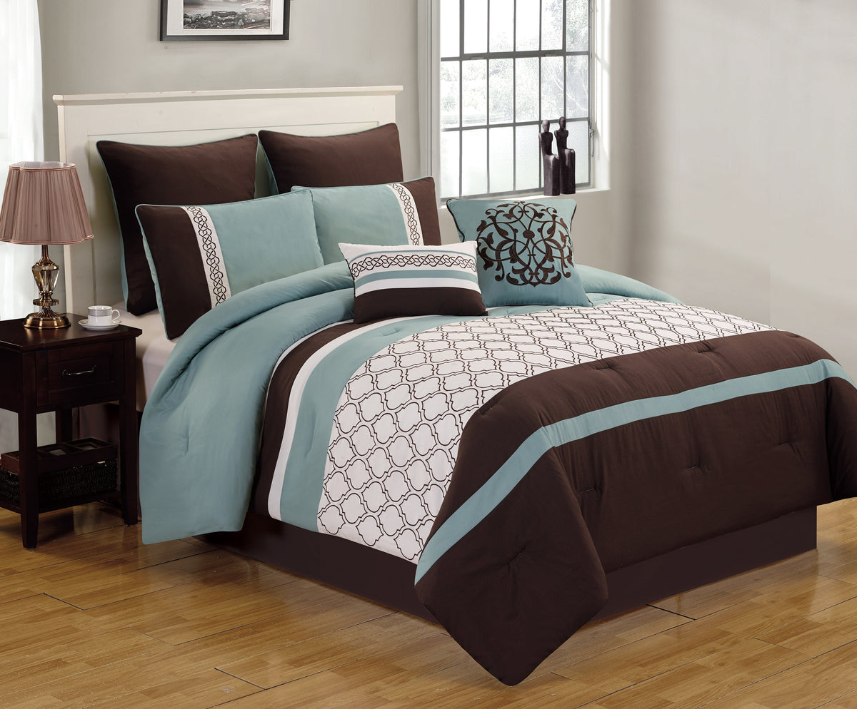 Teal & Brown Geometric Embroidered Comforter Set with 8 Pieces
