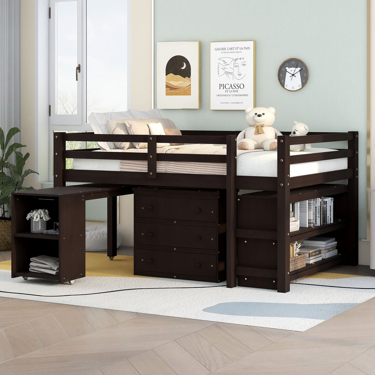 Loft Low Study Bed With Cabinet, Shelves And Rolling Portable Desk, Multiple Functions