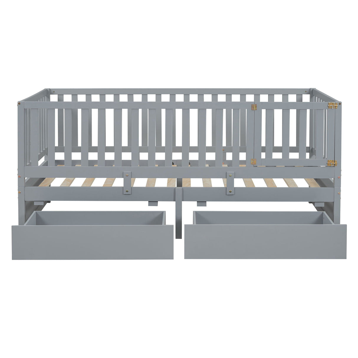 Daybed With Fence Guardrails And 2 Drawers, Split Into Independent Floor Bed & Daybed
