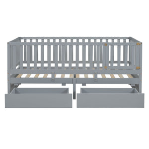 Daybed With Fence Guardrails And 2 Drawers, Split Into Independent Floor Bed & Daybed