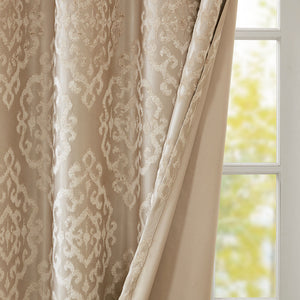 Knitted Jacquard Damask Total Blackout Grommet Top Curtain Panel - Champagne
