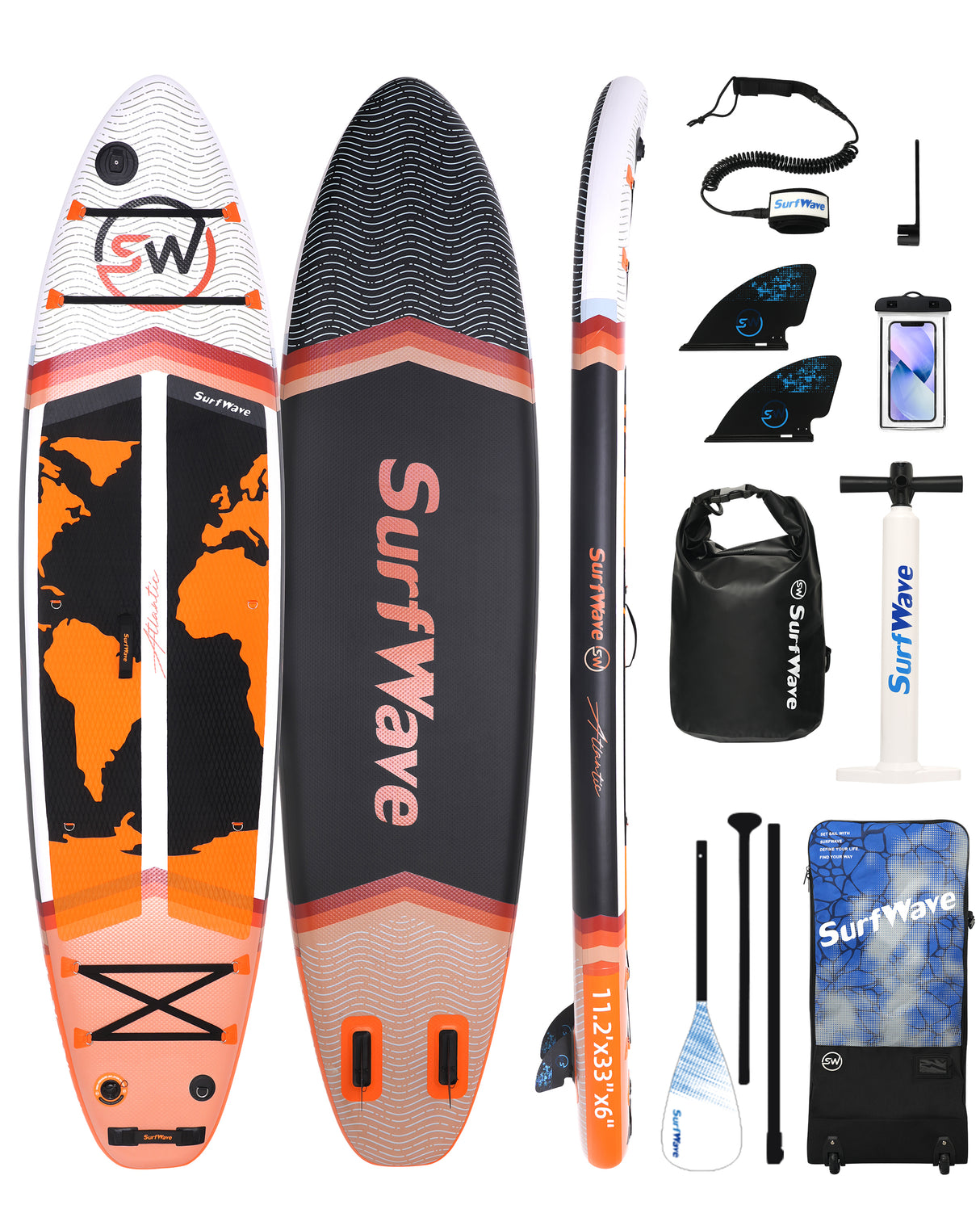 11ft Inflatable All-Round Paddle Board – Black + Orange Touring SUP for Beginners