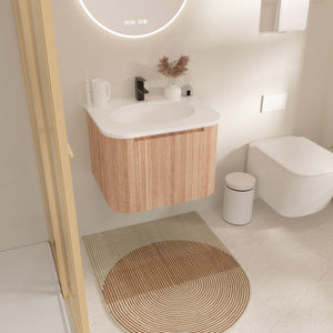 Wall Mounted Bathroom Vanity With Countertop, Sink, Curved Design With Stripe - Natural Wood