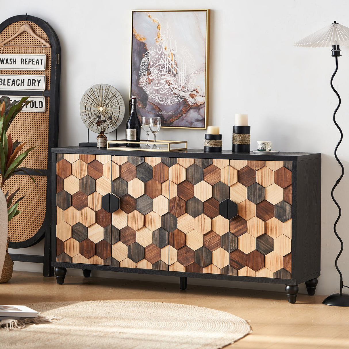 Distressed Storage Cabinet with Honeycomb Pattern