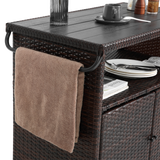 Outdoor Wicker Bar Cart with Glass Top and Wheels - Light Brown