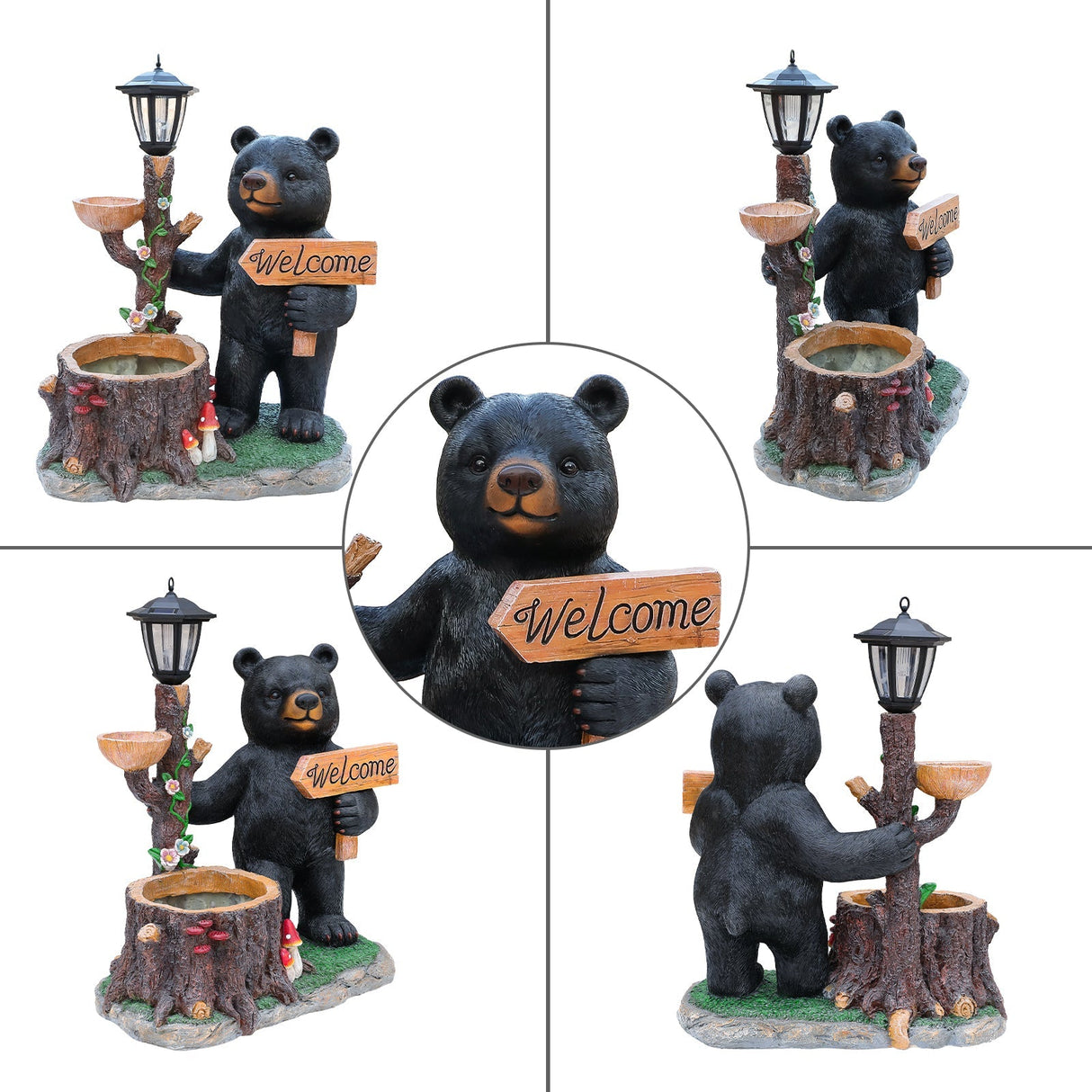 Decorative Standing Black Bear Garden Planter with Solar-Powered Lantern