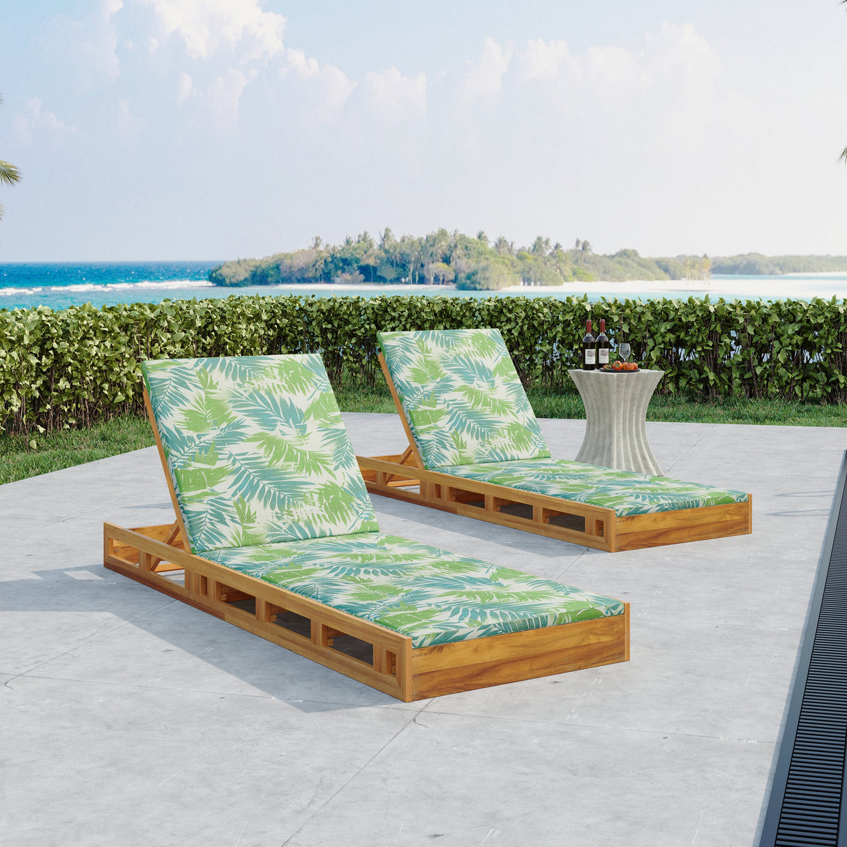 Lounge Chaise Set, Acacia Wood with Water-Resistant Lounge Cushions