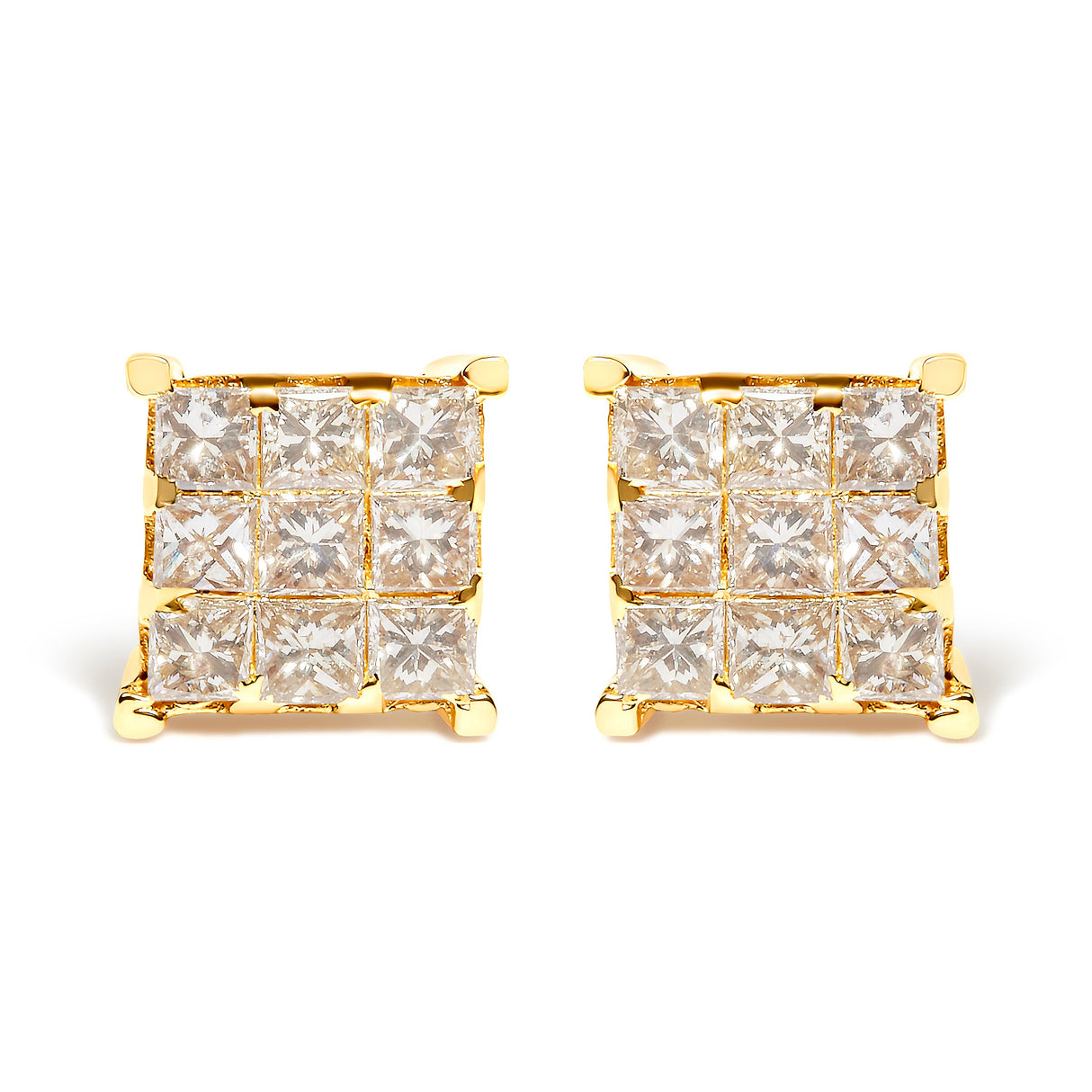 14K Yellow Gold 1 1/2 Cttw Invisible Set Princess-Cut Diamond 9 Stone Square Stud Earrings (J-K Color, SI2-I1 Clarity)