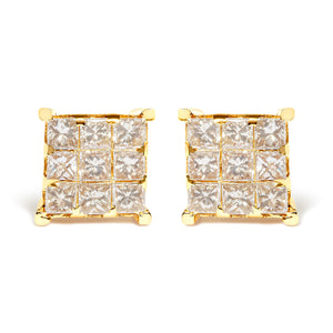 14K Yellow Gold 1 1/2 Cttw Invisible Set Princess-Cut Diamond 9 Stone Square Stud Earrings (J-K Color, SI2-I1 Clarity)