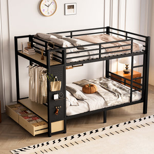 Full Over Full Size Metal Bunk Bed for Teens with Storage Shelves, Drawers and Pegboard