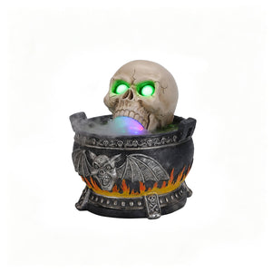 Halloween Skull Cauldron Statue with LED Light and Smoke Fog Effect