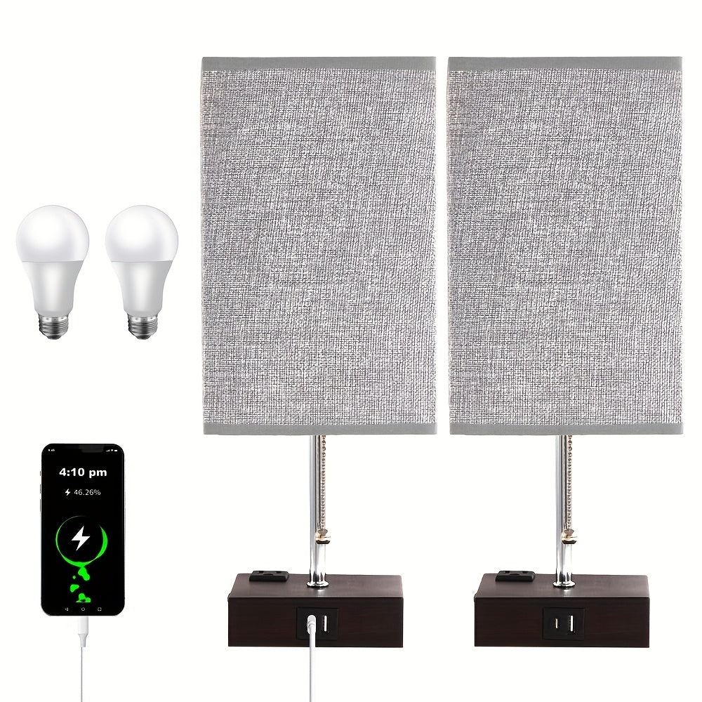Touch Table Lamp with USB & Outlet – Modern Fabric Shade Bedside Light for Bedroom