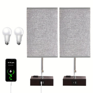 Touch Table Lamp with USB & Outlet – Modern Fabric Shade Bedside Light for Bedroom