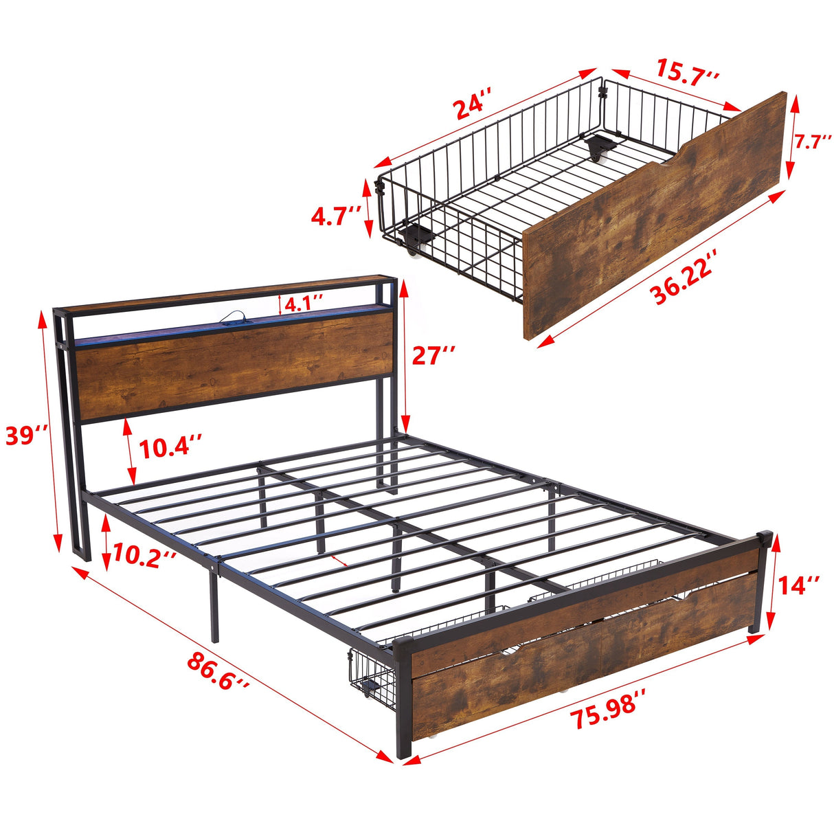 Modern King Size Metal Platform Bed Frame with Wooden Headboard