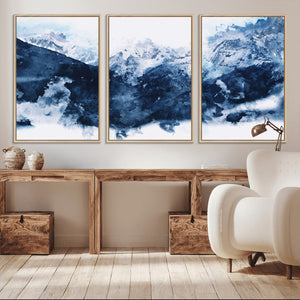 Abstract Blue Mountain Canvas Wall Art – Modern Triptych