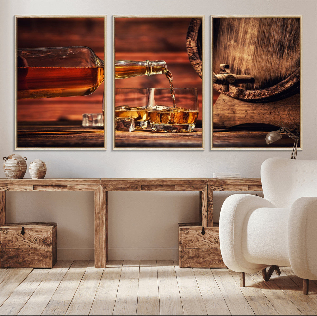 Whiskey and Cigar Canvas Wall Art | 3 Panel Bar Room Decor