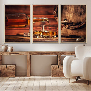 Whiskey and Cigar Canvas Wall Art | 3 Panel Bar Room Decor