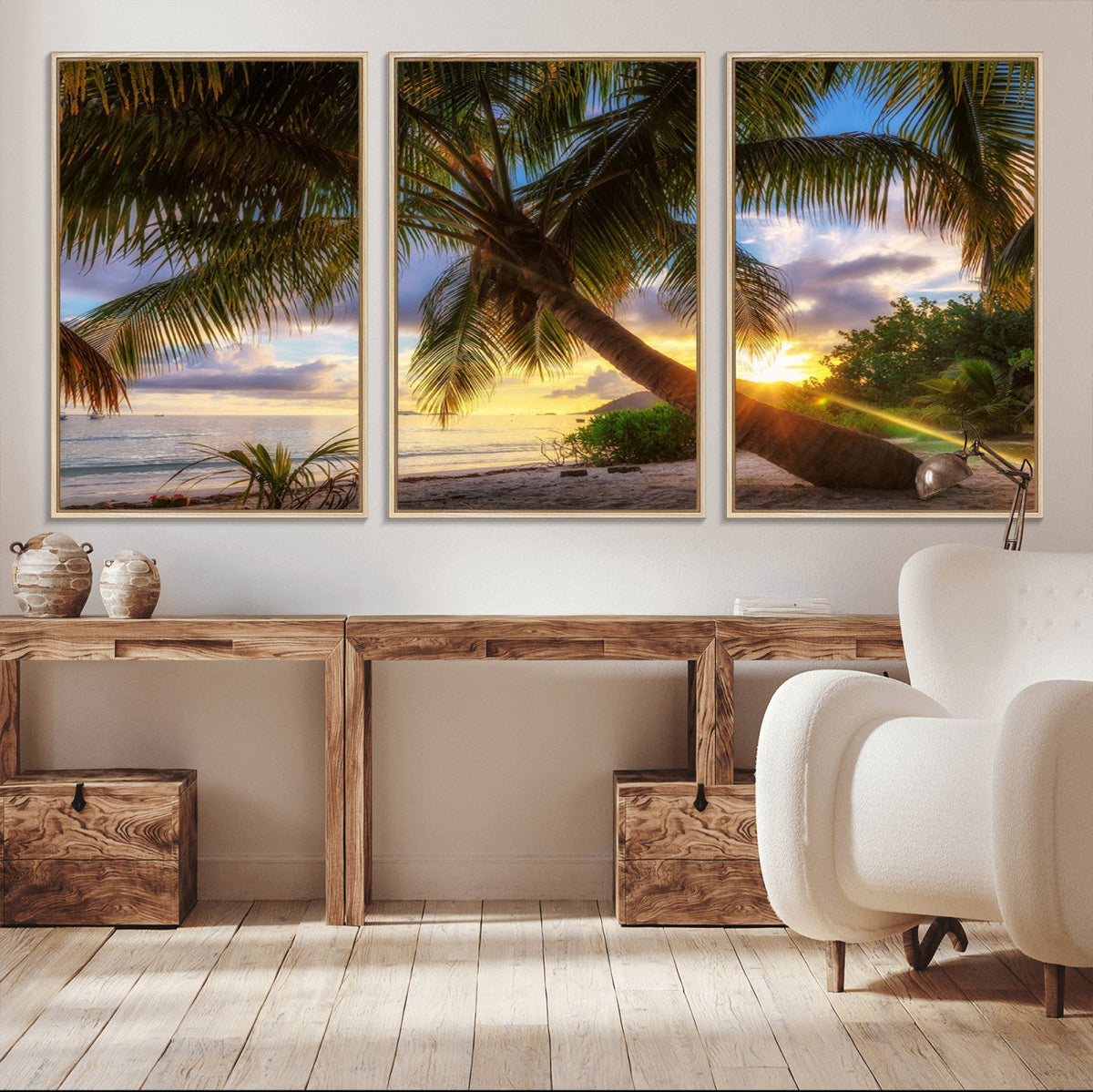Tropical Island Sunset on the Beach Palms Wall Art Canvas
