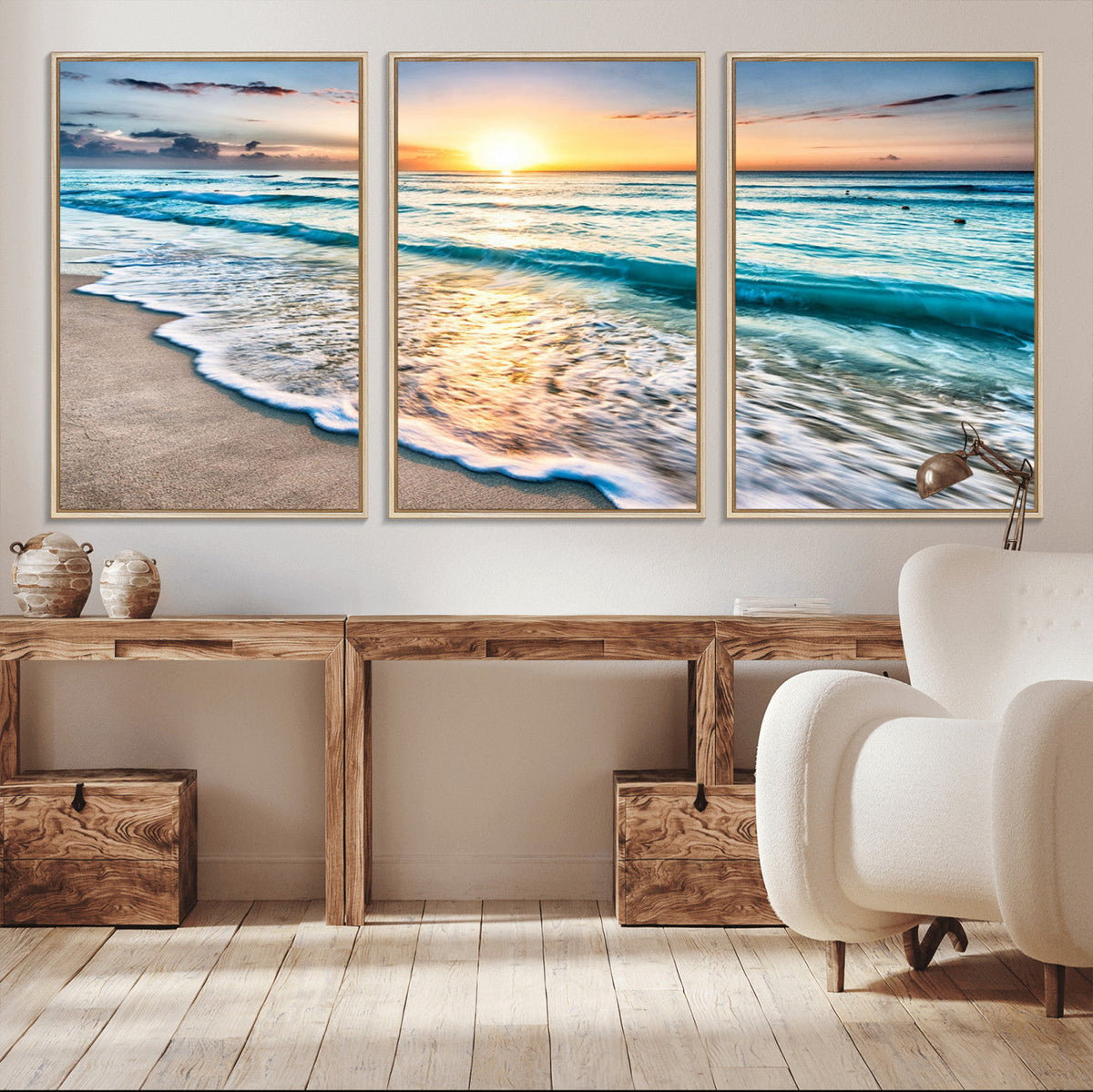 Sunset Beach Waves Canvas Wall Art – 5-Panel Ocean Sunset