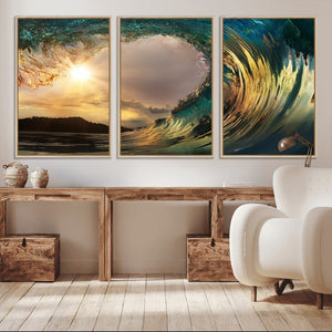 Golden Wave Sunset Canvas Print – Large Coastal Wall Art for