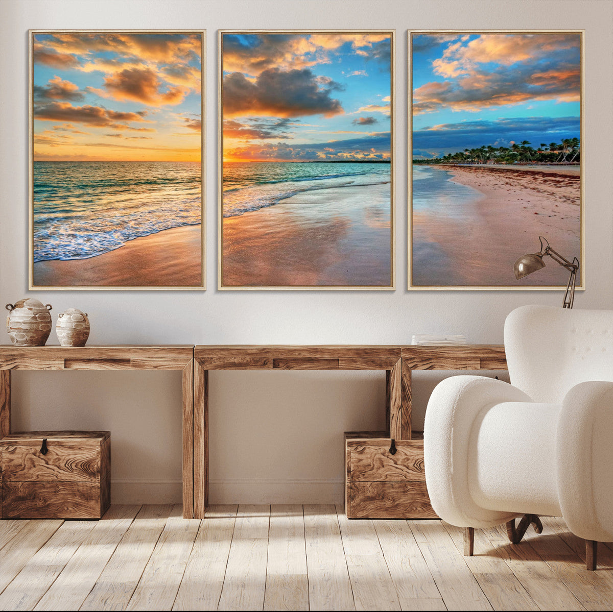 Sunset Ocean Waves on Tropical Beach, 3-Panel Giclee Canvas