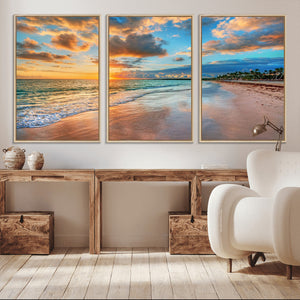 Sunset Ocean Waves on Tropical Beach, 3-Panel Giclee Canvas
