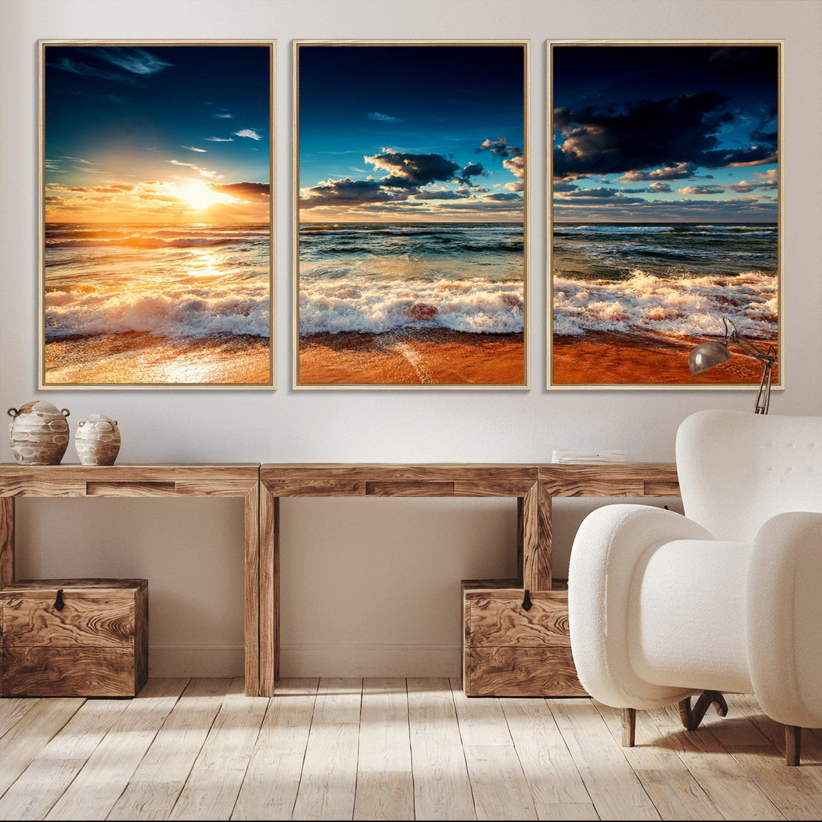 Golden Hour Sunset Over Ocean Waves Wall Art Canvas Print |