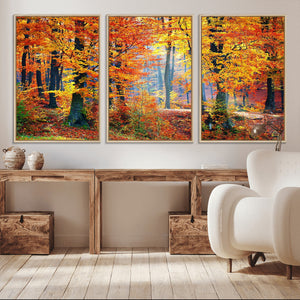 Autumn Red Forest Triptych Canvas Wall Art Print, Forest
